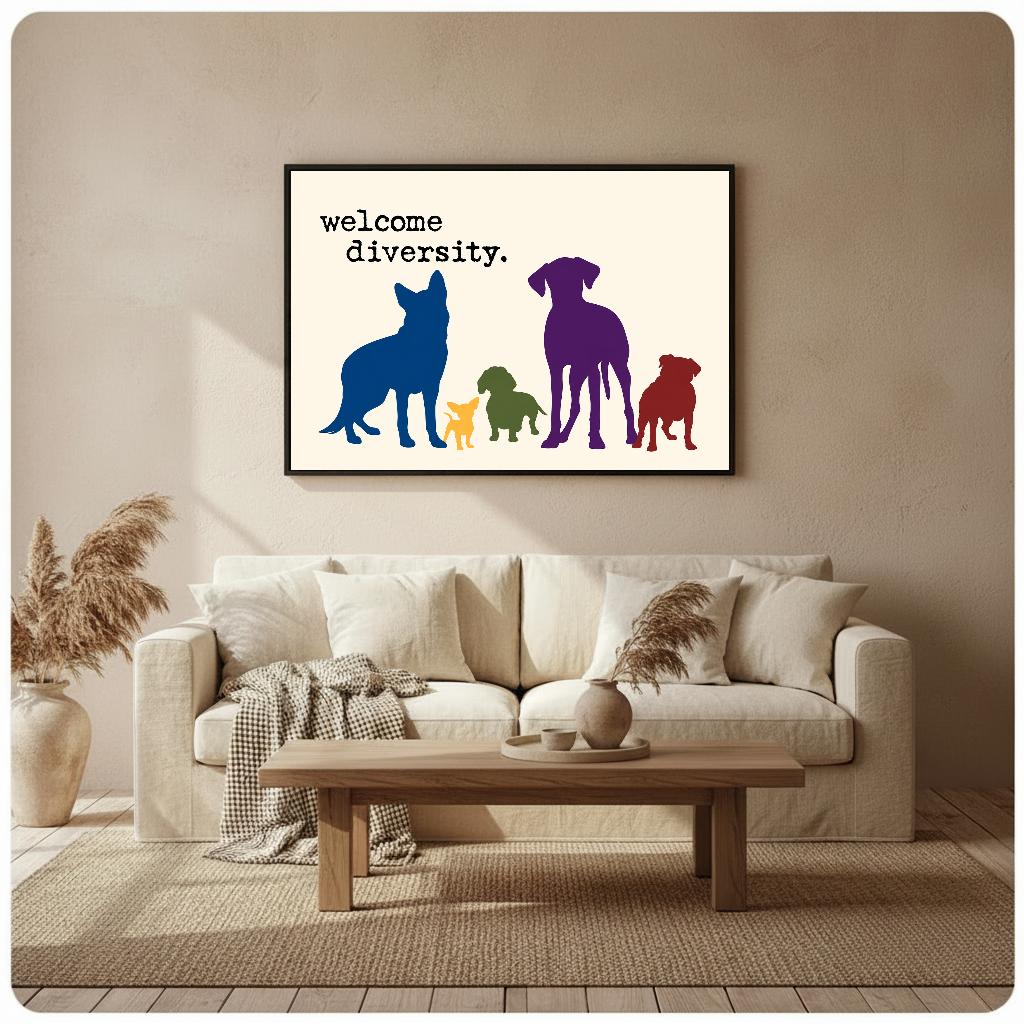 Framed colorful welcome diversity dogs wall art displayed above a neutral sofa with soft cushions.