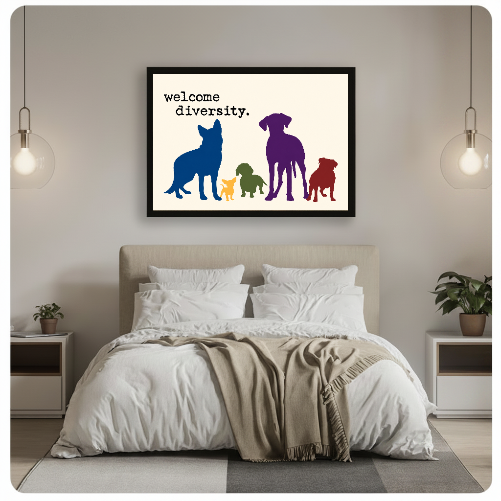 Horizontal colorful welcome diversity dogs canvas artwork above a bed in a calm bedroom setting.
