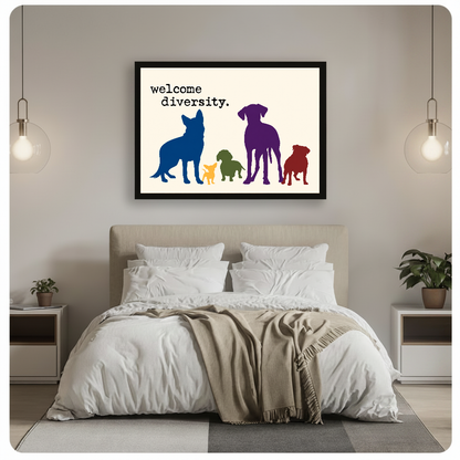 Horizontal colorful welcome diversity dogs canvas artwork above a bed in a calm bedroom setting.