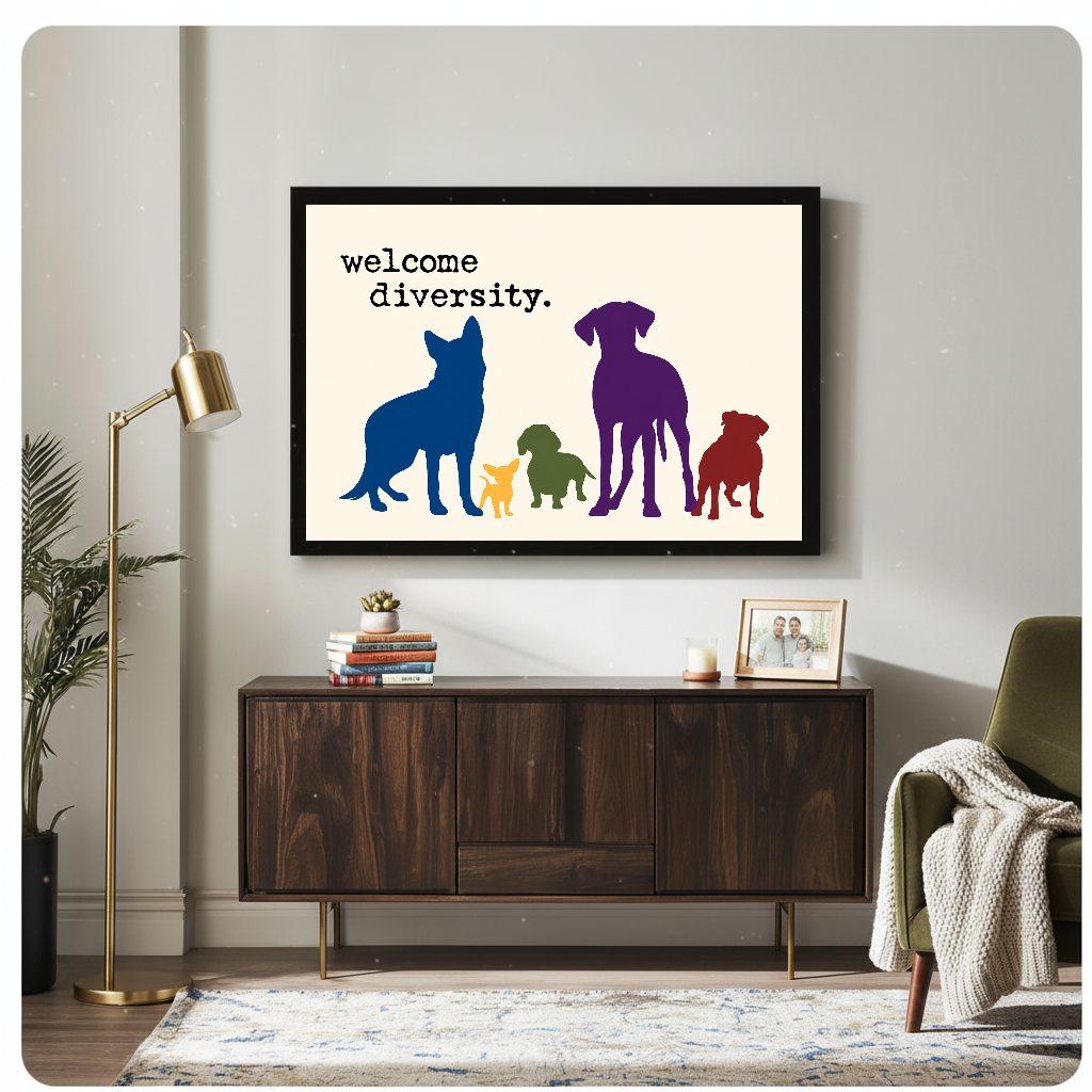 Framed colorful welcome diversity dogs artwork displayed above a wooden cabinet with decorative accents.