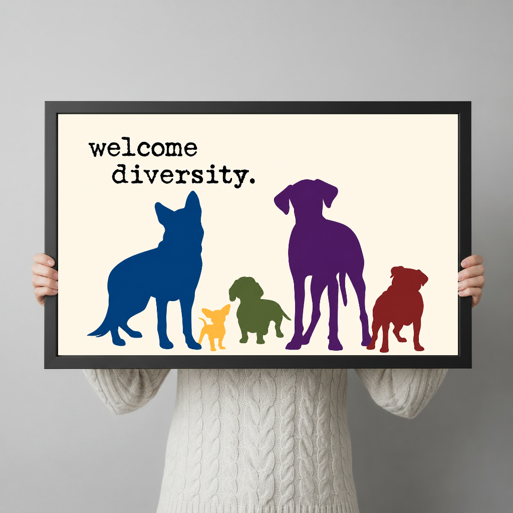 A person holds framed colorful welcome diversity dogs artwork to show its horizontal shape and scale.
