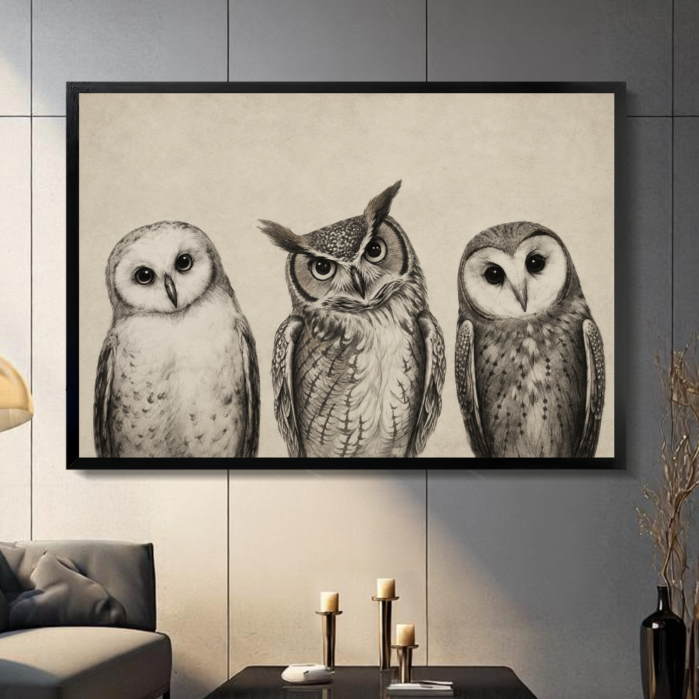 Black framed three curious sketched owls canvas artwork displayed on a gray wall in a neutral room.