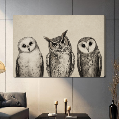 Stretched canvas three curious sketched owls artwork with visible side depth against a gray wall.