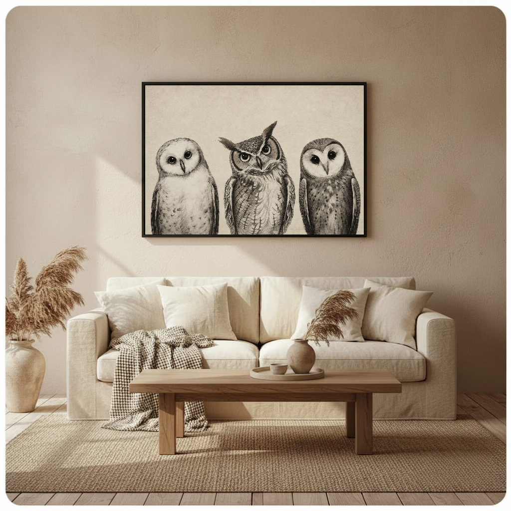 Framed three curious sketched owls wall art displayed above a neutral sofa with soft cushions.