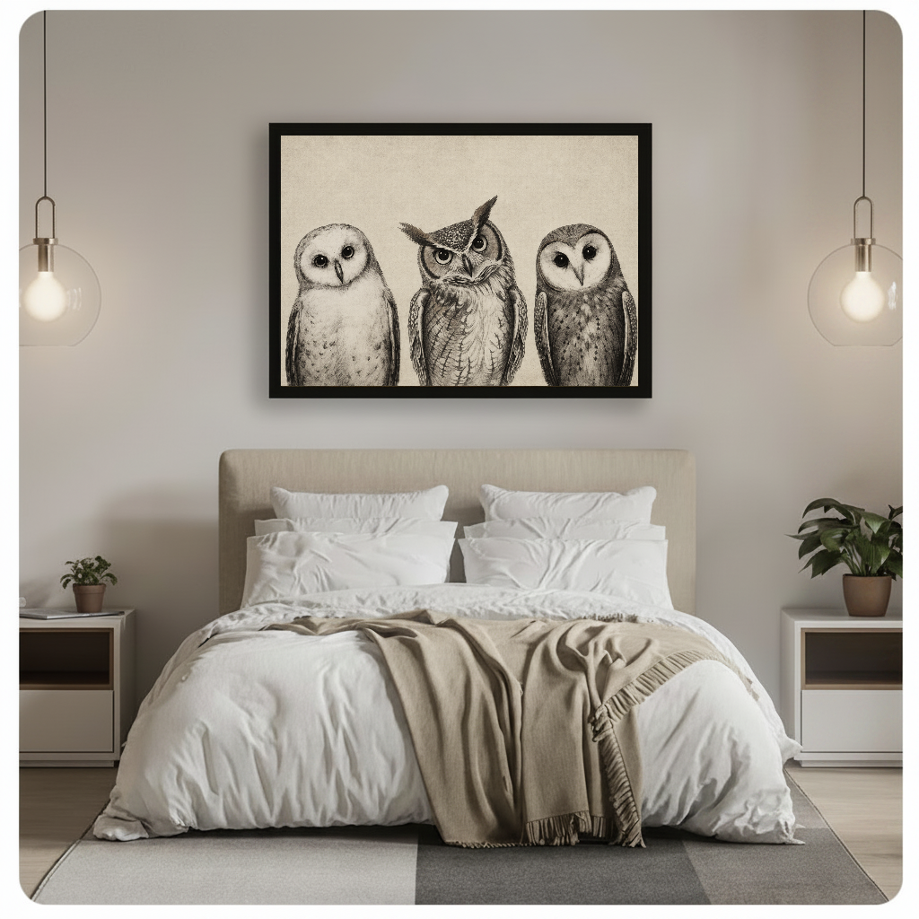 Horizontal three curious sketched owls canvas artwork above a bed in a calm bedroom setting.