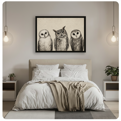 Horizontal three curious sketched owls canvas artwork above a bed in a calm bedroom setting.