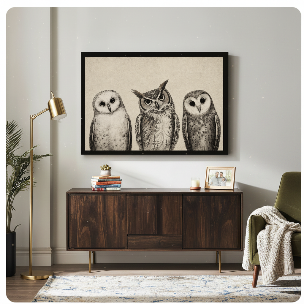 Framed three curious sketched owls artwork displayed above a wooden cabinet with decorative accents.