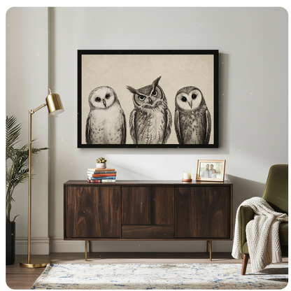 Framed three curious sketched owls artwork displayed above a wooden cabinet with decorative accents.