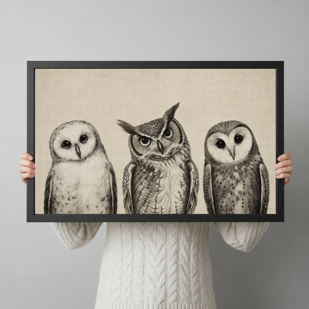 A person holds framed three curious sketched owls artwork to show its horizontal shape and scale.