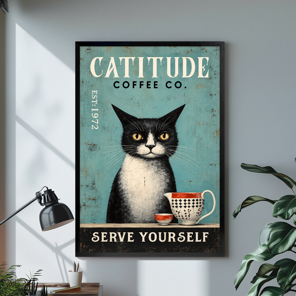 Black framed coffee cat canvas artwork displayed in a neutral interior with visible frame depth.