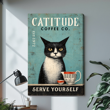Stretched coffee cat canvas artwork displayed with continuous wrapped edges and soft side shadows.