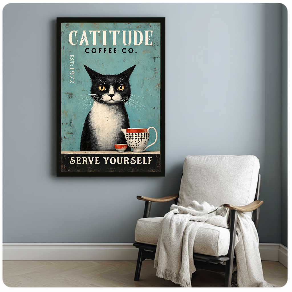 Framed coffee cat canvas artwork displayed beside a reading chair with a soft blanket.