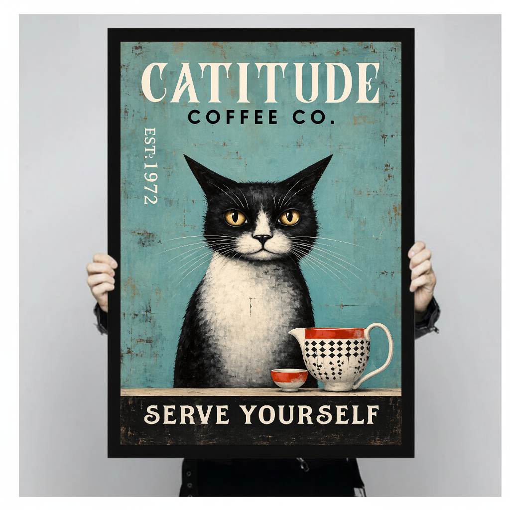 A person holds framed coffee cat canvas artwork to demonstrate its portrait proportions.