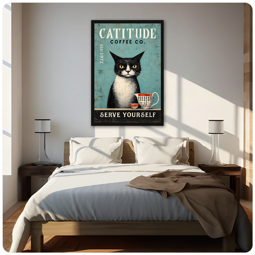 Portrait coffee cat canvas artwork displayed above a bed in a softly lit bedroom.