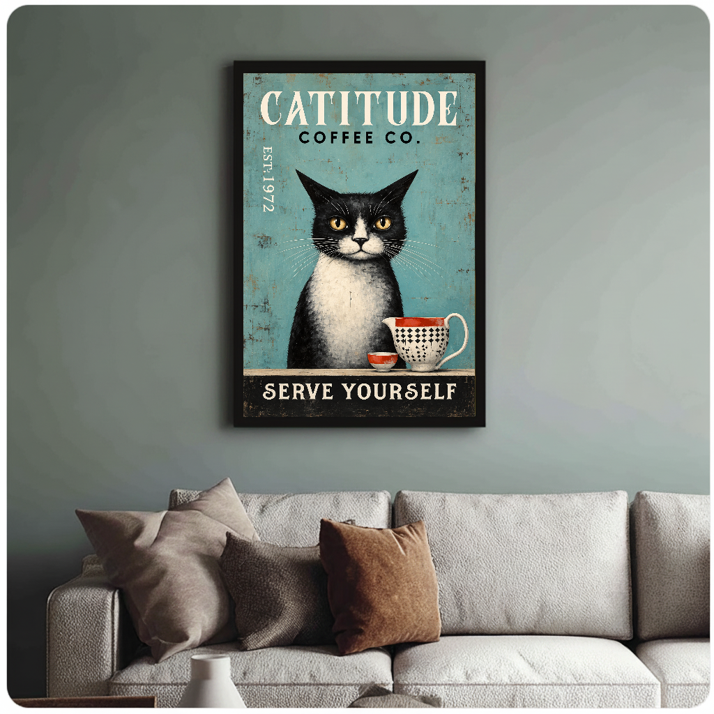 Framed coffee cat wall artwork displayed above a neutral sofa with soft cushions.
