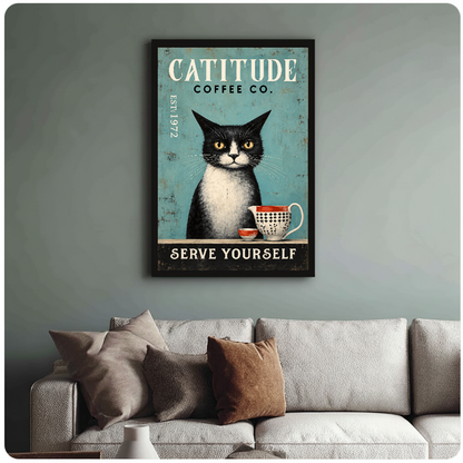 Framed coffee cat wall artwork displayed above a neutral sofa with soft cushions.