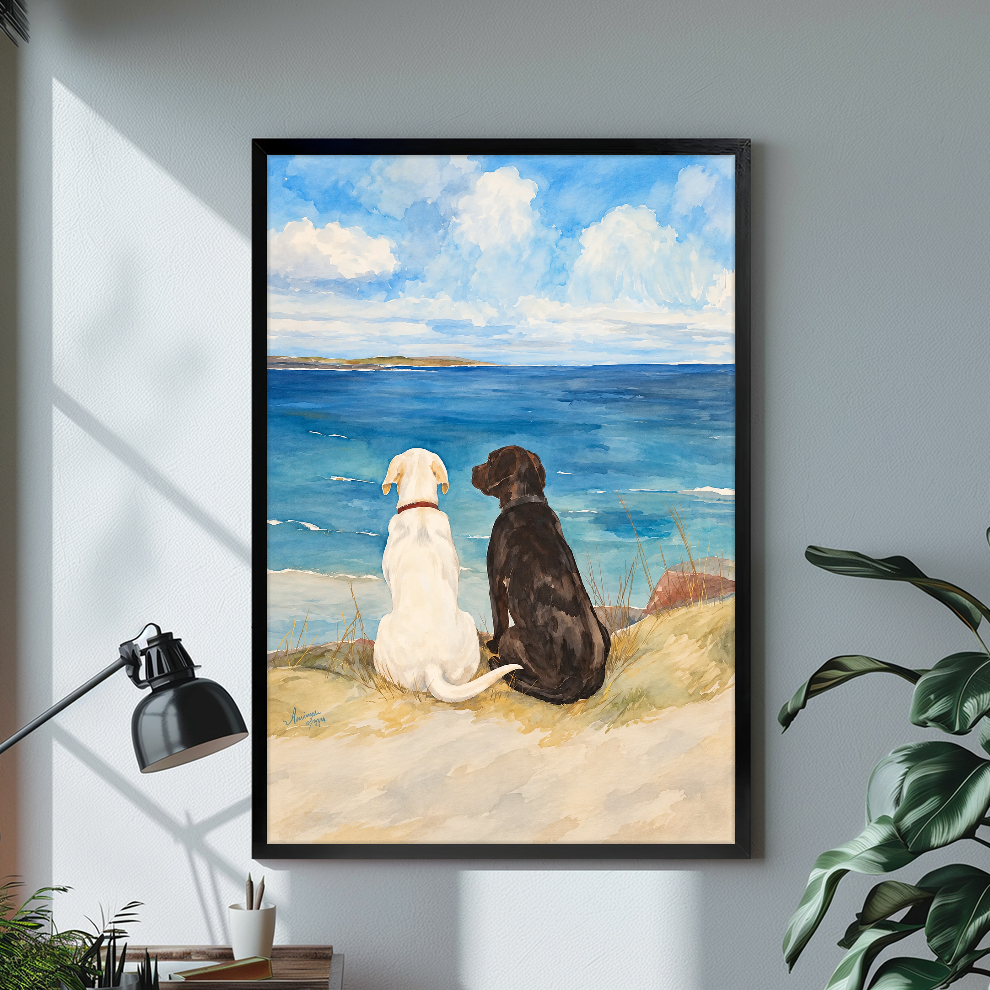 Black framed seaside dogs canvas artwork displayed in a neutral interior with visible frame depth.