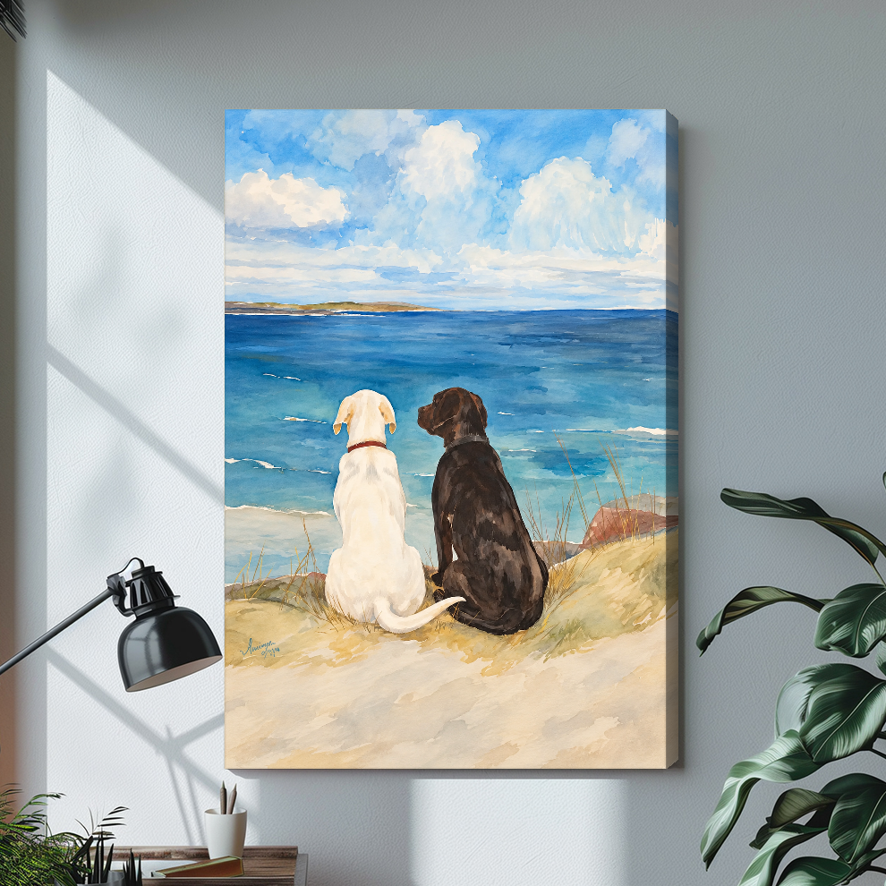 Stretched seaside dogs canvas artwork displayed with continuous wrapped edges and soft side shadows.