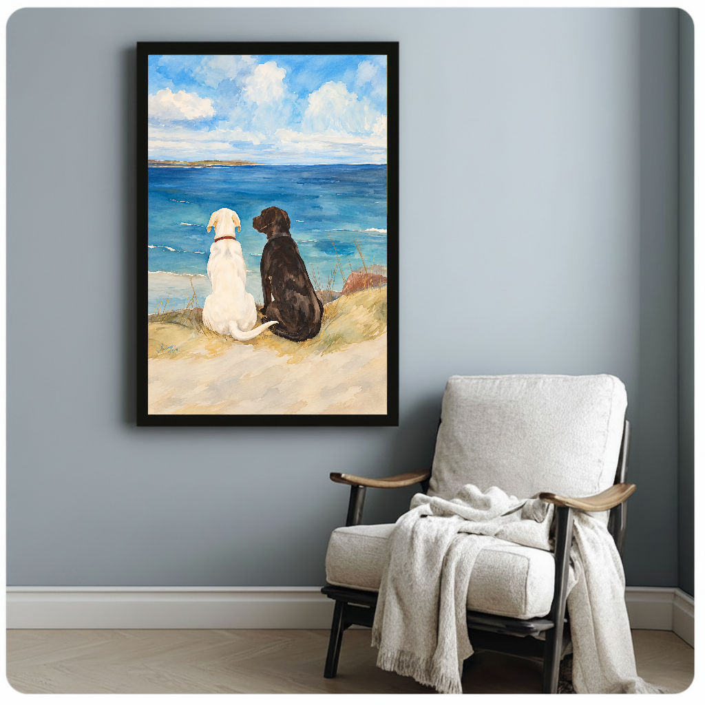 Framed seaside dogs canvas artwork displayed beside a reading chair with a soft blanket.