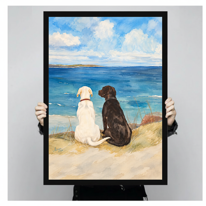 A person holds framed seaside dogs canvas artwork to demonstrate its portrait proportions.