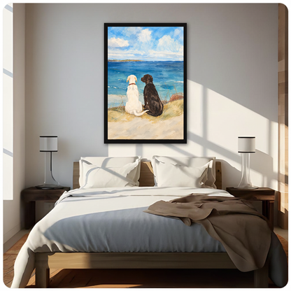 Portrait seaside dogs canvas artwork displayed above a bed in a softly lit bedroom.