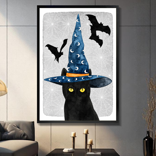 W10057 Moon Hat Black Cat Canvas Art — Framed canvas; warm gray living room