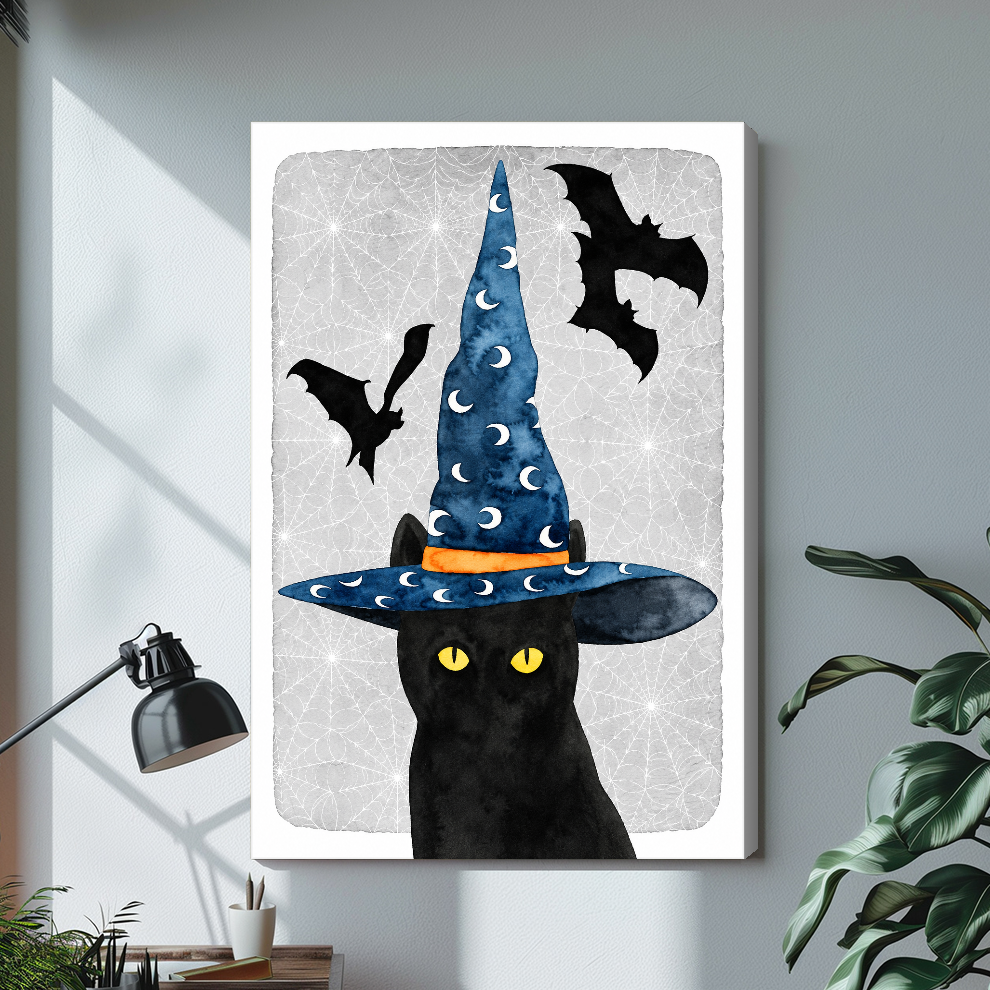 Stretched witch cat canvas artwork displayed with continuous wrapped edges and soft side shadows.
