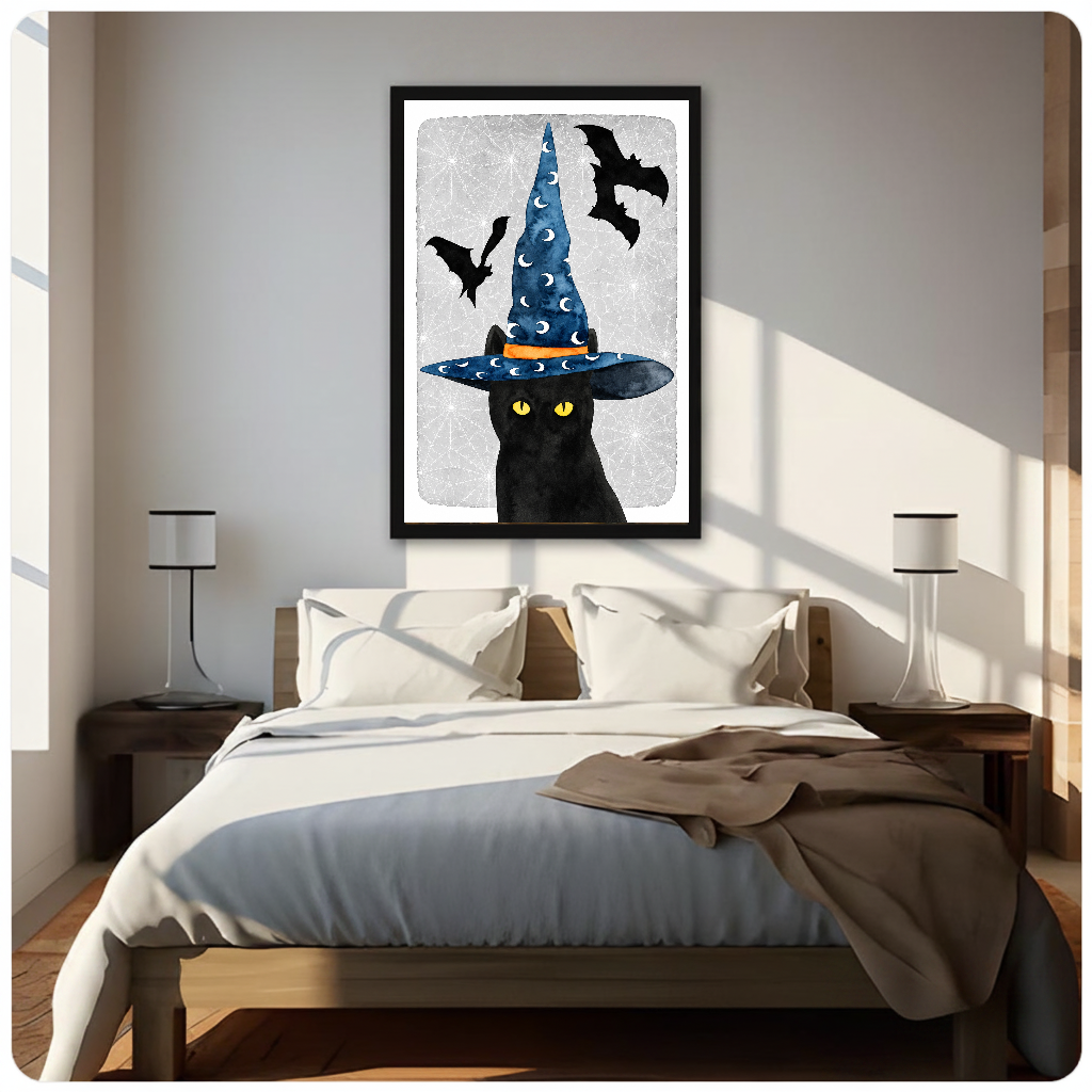 Portrait witch cat canvas artwork displayed above a bed in a softly lit bedroom.