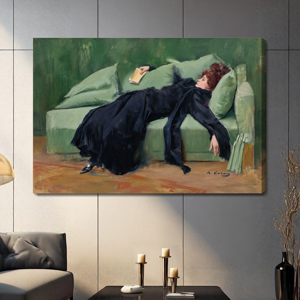 Stretched reading woman canvas artwork displayed with continuous wrapped edges and soft side shadows.