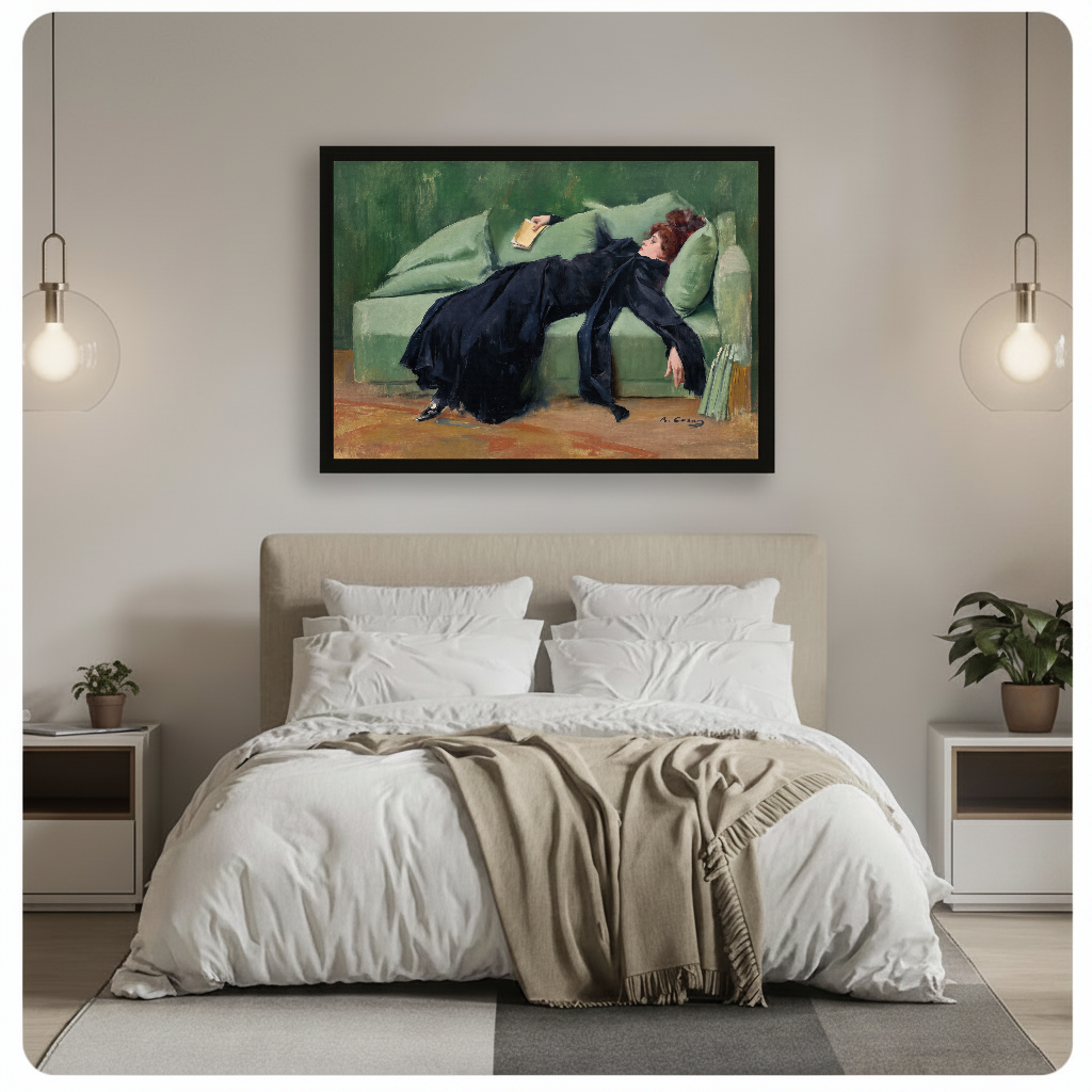 Horizontal reading woman canvas artwork displayed above a bed in a calm bedroom setting.