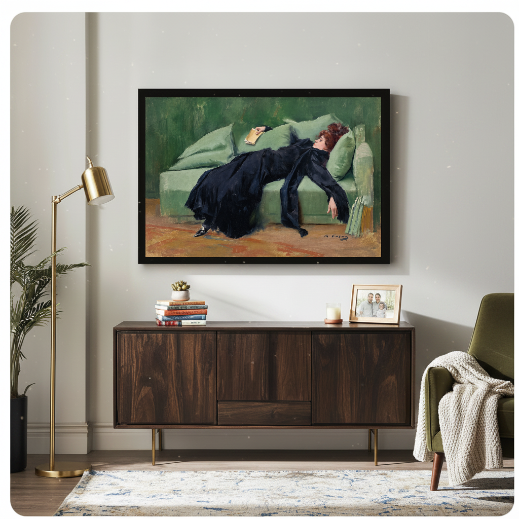 Framed reading woman canvas artwork displayed above a wooden cabinet with decorative objects.