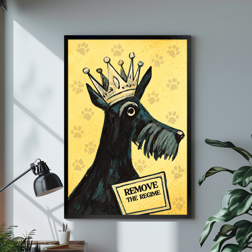 Black framed crowned terrier canvas artwork displayed in a neutral interior with visible frame depth.