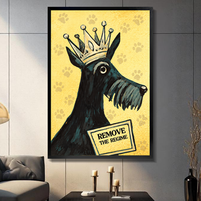 Black framed crowned terrier canvas artwork displayed in a neutral interior with visible frame depth.