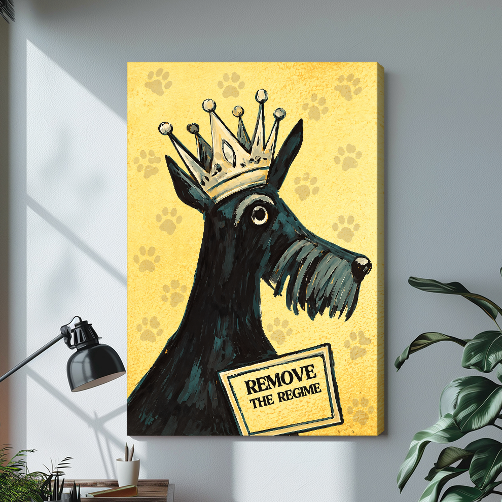 Stretched crowned terrier canvas artwork displayed with continuous wrapped edges and soft side shadows.