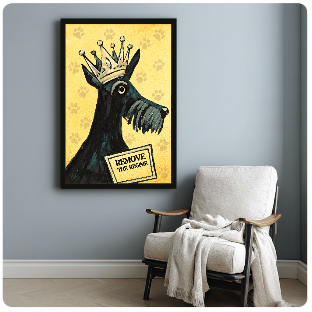 Framed crowned terrier canvas artwork displayed beside a reading chair with a soft blanket.
