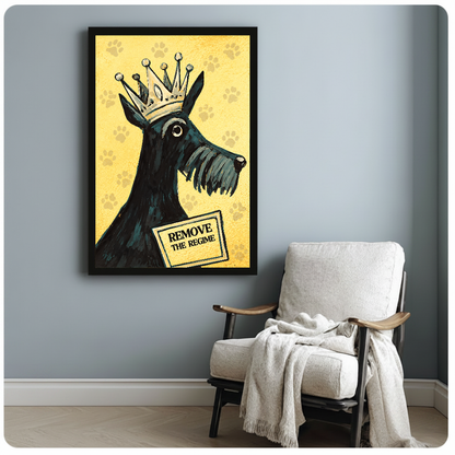 Framed crowned terrier canvas artwork displayed beside a reading chair with a soft blanket.