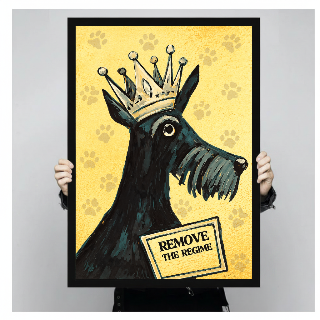 A person holds framed crowned terrier canvas artwork to demonstrate its portrait proportions.