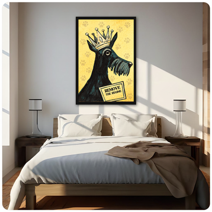 Portrait crowned terrier canvas artwork displayed above a bed in a softly lit bedroom.