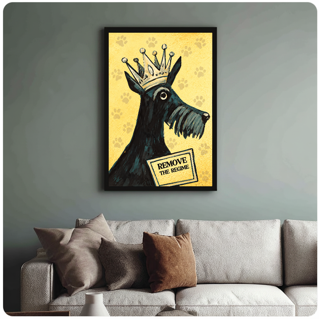 Framed crowned terrier wall artwork displayed above a neutral sofa with soft cushions.