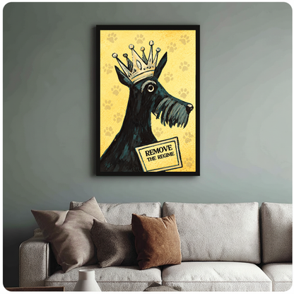 Framed crowned terrier wall artwork displayed above a neutral sofa with soft cushions.