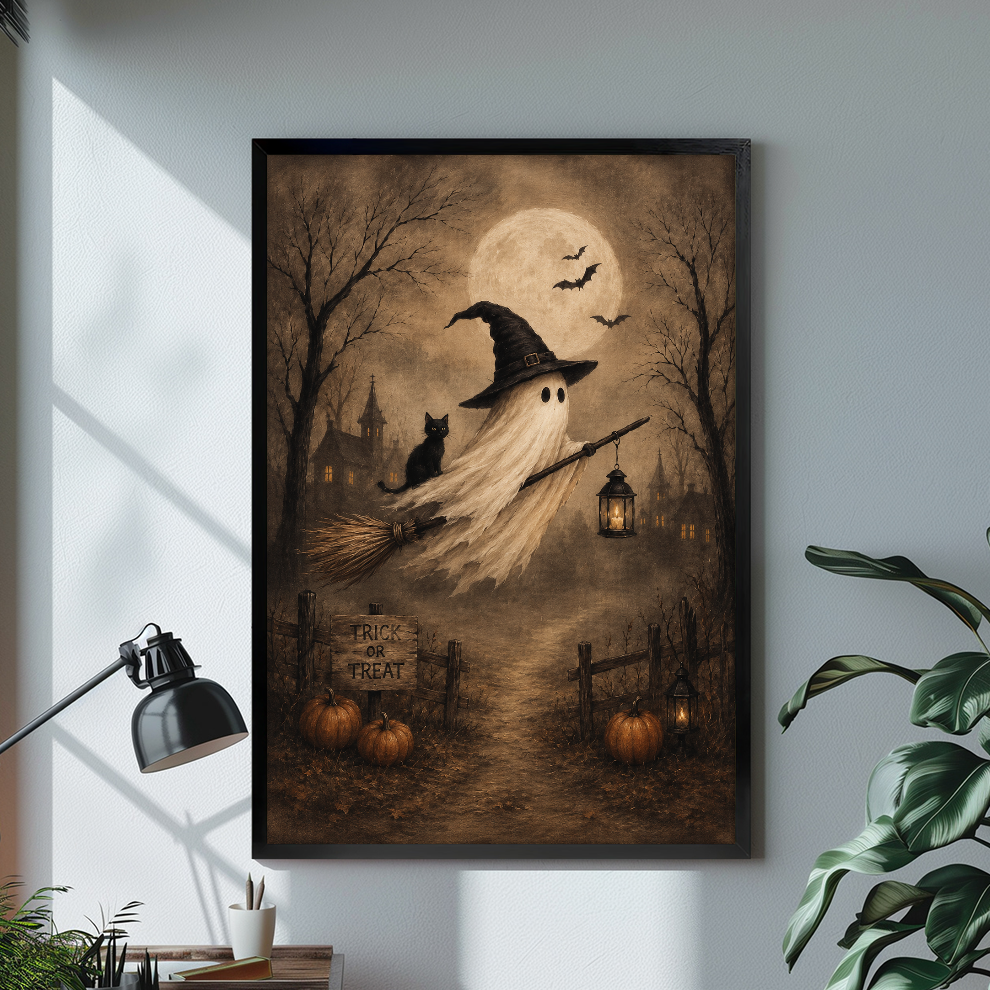 Black framed ghost witch canvas artwork displayed in a neutral interior with visible frame depth.