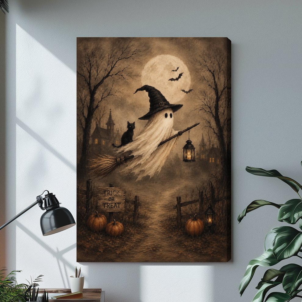 Stretched ghost witch canvas artwork displayed with continuous wrapped edges and soft side shadows.