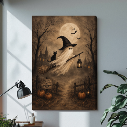 Stretched ghost witch canvas artwork displayed with continuous wrapped edges and soft side shadows.