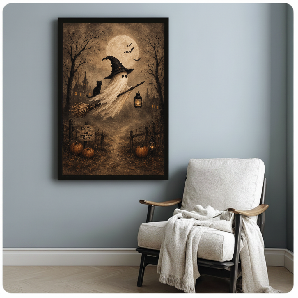 Framed ghost witch canvas artwork displayed beside a reading chair with a soft blanket.
