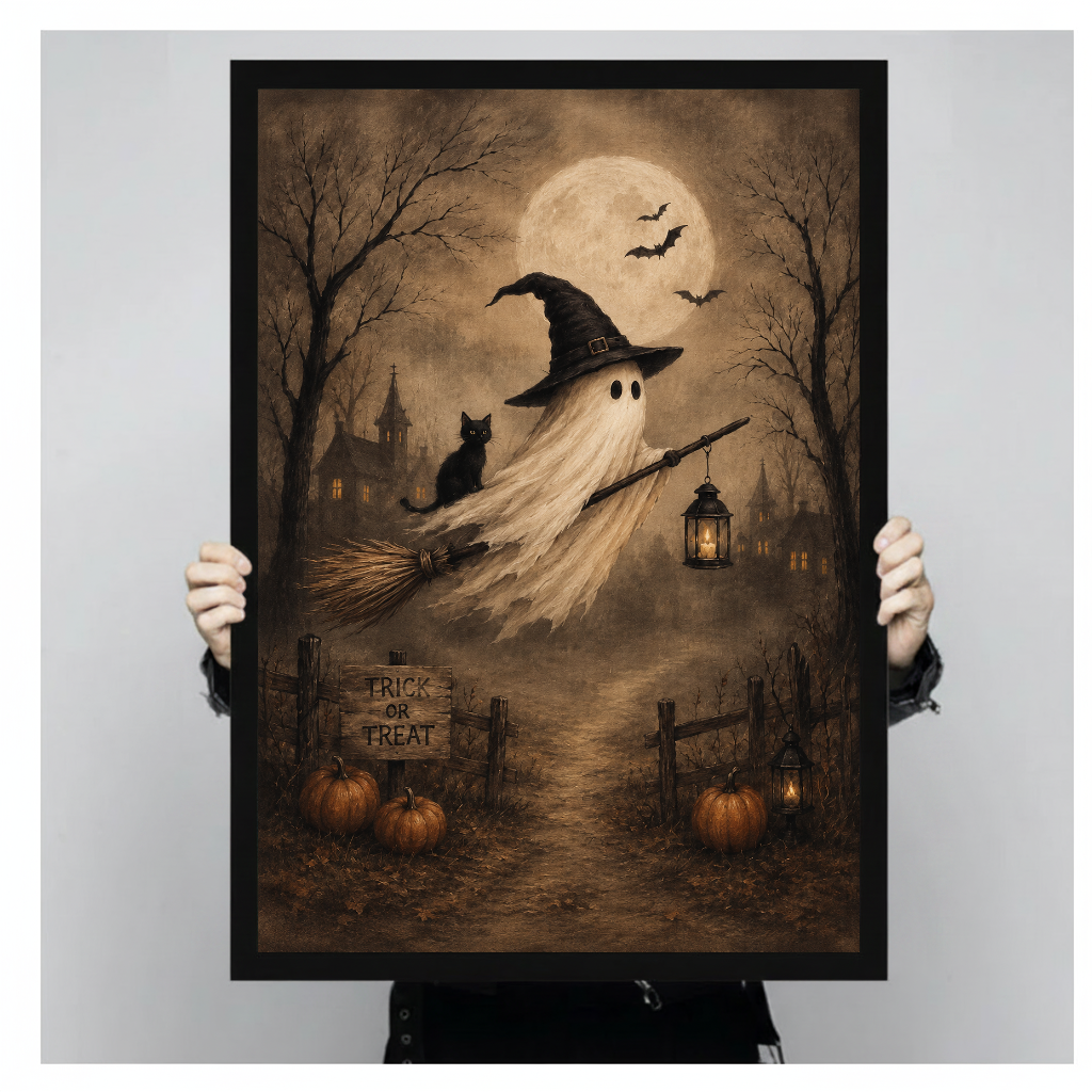 A person holds framed ghost witch canvas artwork to demonstrate its portrait proportions.