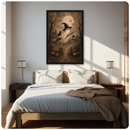 Portrait ghost witch canvas artwork displayed above a bed in a softly lit bedroom.