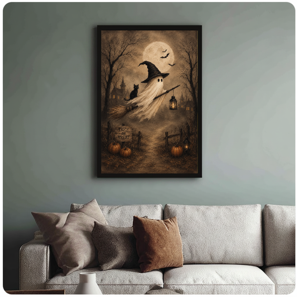 Framed ghost witch wall artwork displayed above a neutral sofa with soft cushions.
