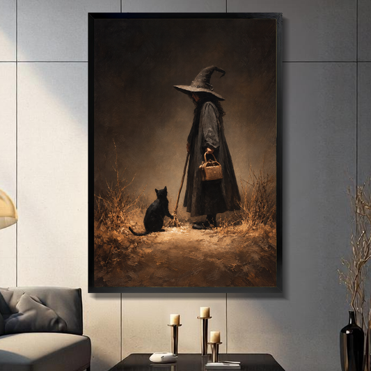 W10061 Witch And Cat Stroll Canvas Art — Framed canvas; warm gray living room