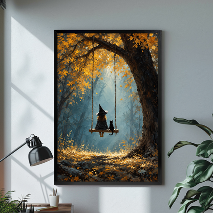 Black framed witch swing canvas artwork displayed in a neutral interior with visible frame depth.