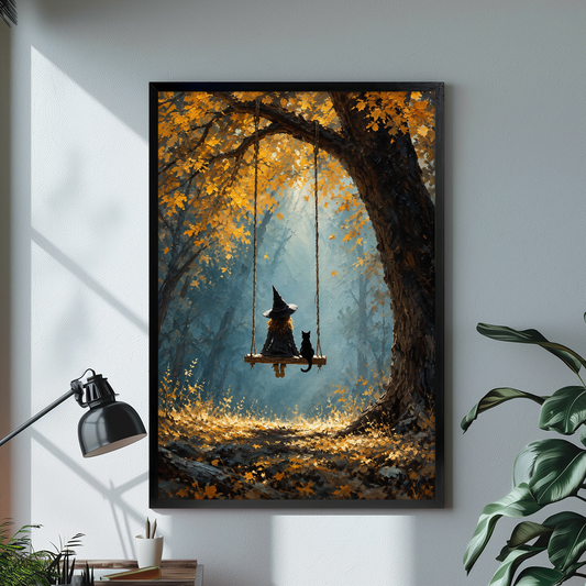 Black framed witch swing canvas artwork displayed in a neutral interior with visible frame depth.